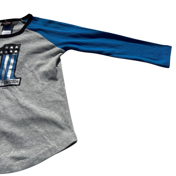 Harley-Davidson Kids Long Sleeve Raglan Shirt Blue Gray #1 Logo Size 4/5 NWT - Picture 3 of 7